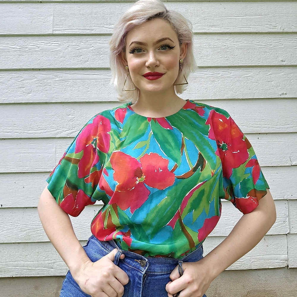 Floral Print Blouse - Red and Green